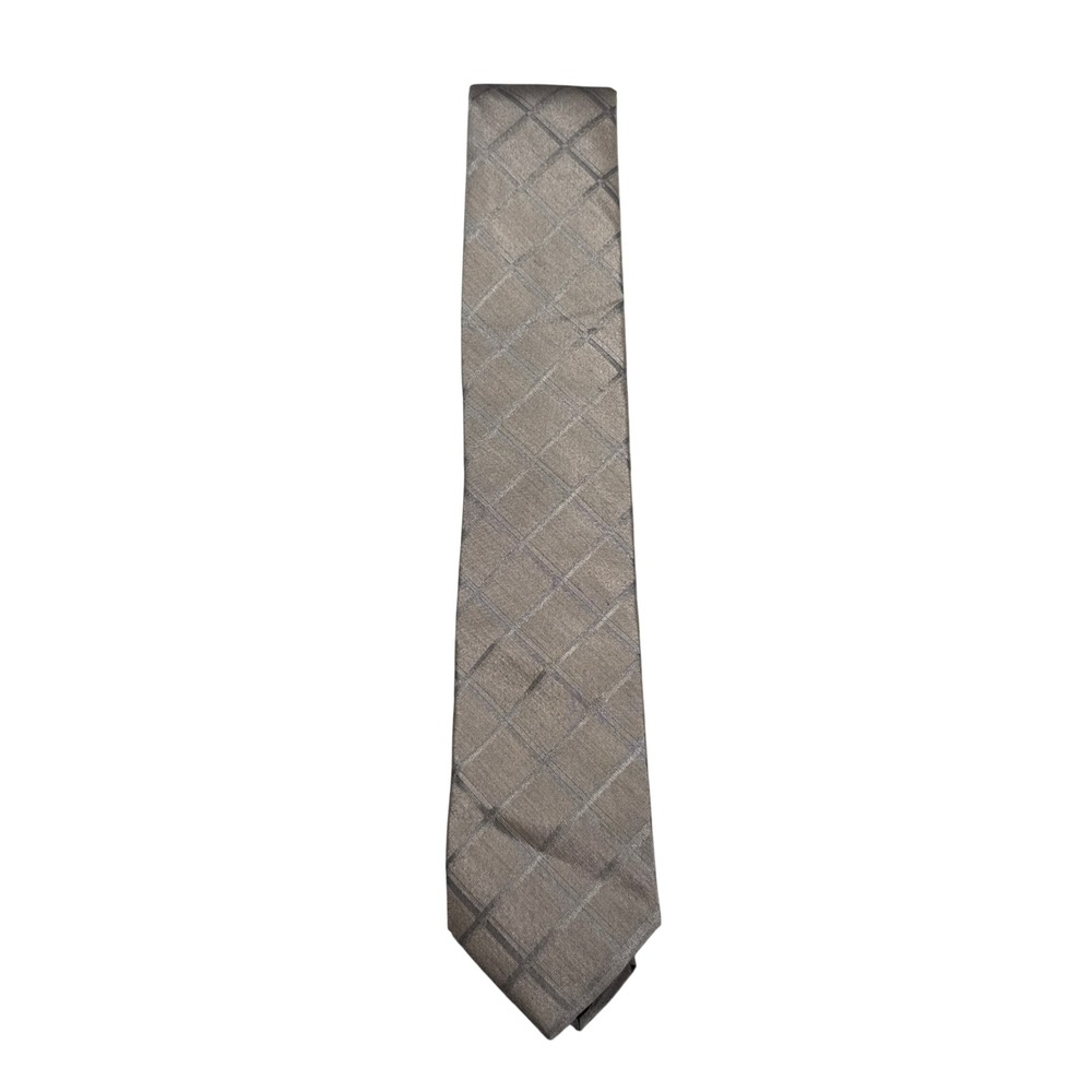 Calvin Klein Mens Tie Taupe Woven Grid Silk Blend Necktie CK21100064 NWT